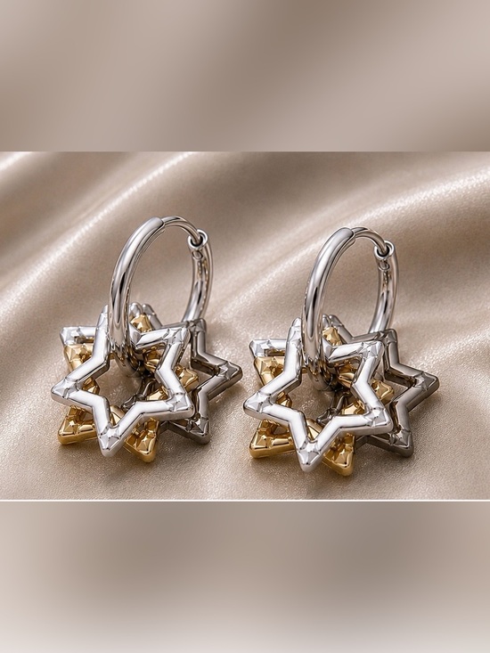 Jewelry - Three-Tone Star Hoop Huggies Earrings Brand New
